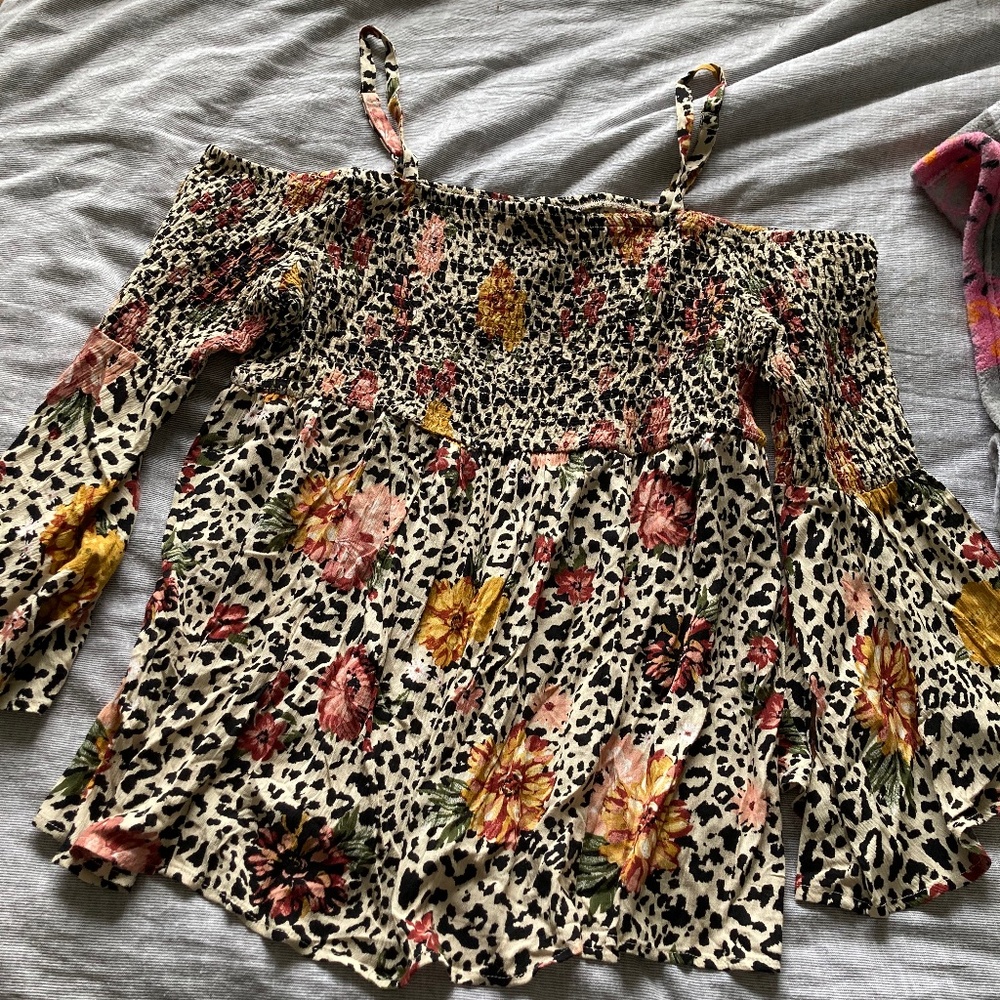Leopard and floral cold shoulder top